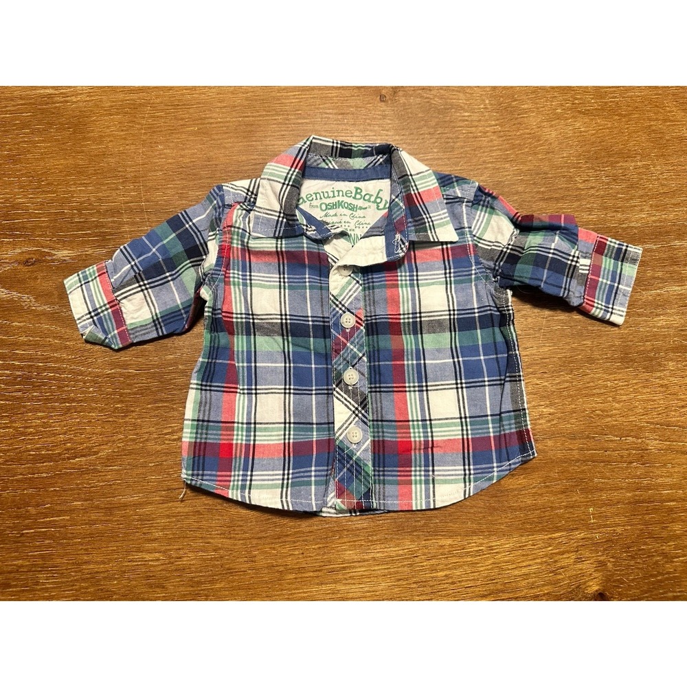 Osh Kosh B'gosh Baby Boys Plaid Flannel Shirt Size NB Button Blue Green